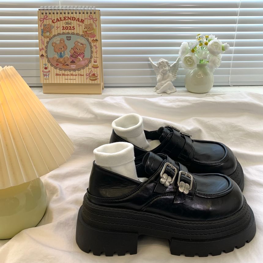 Faux Leather Buckle Strap Platform Loafers