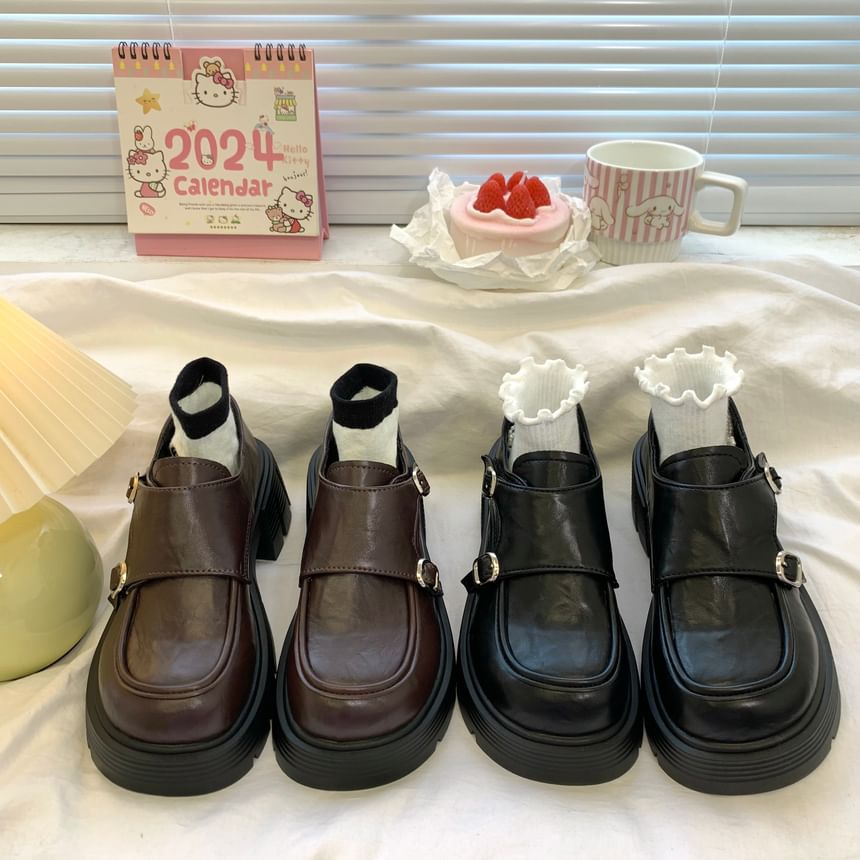 Faux Leather Platform Buckle Strap Loafers