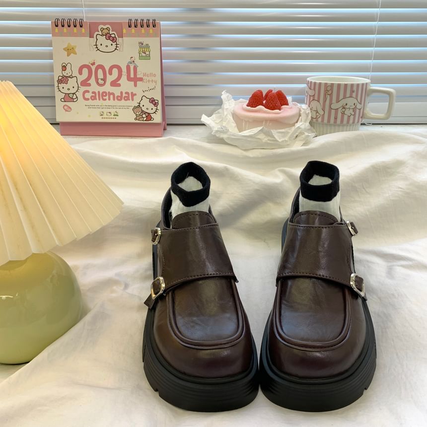 Faux Leather Platform Buckle Strap Loafers
