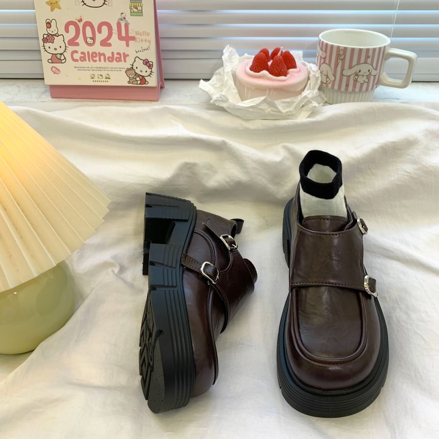 Faux Leather Platform Buckle Strap Loafers