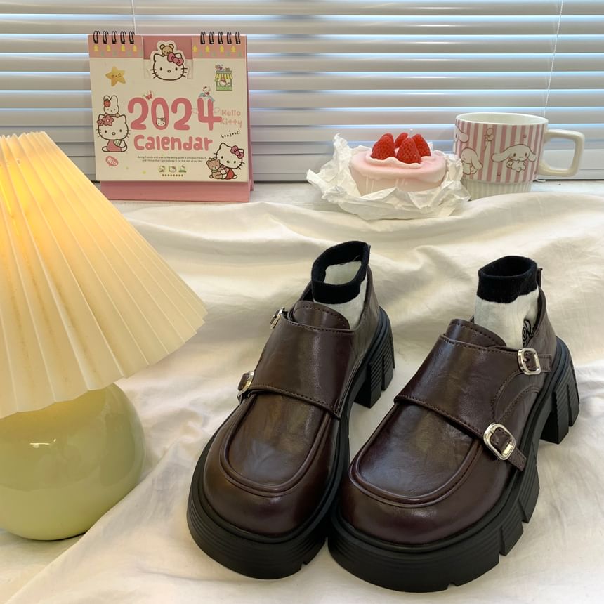 Faux Leather Platform Buckle Strap Loafers