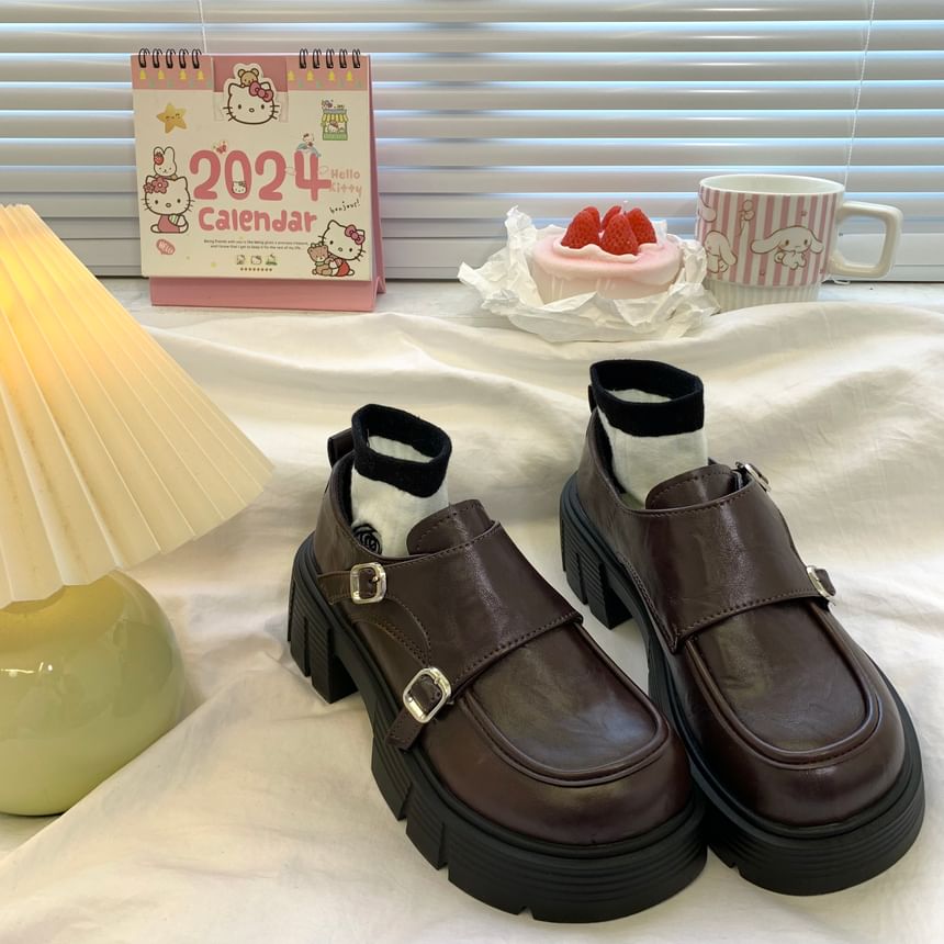 Faux Leather Platform Buckle Strap Loafers