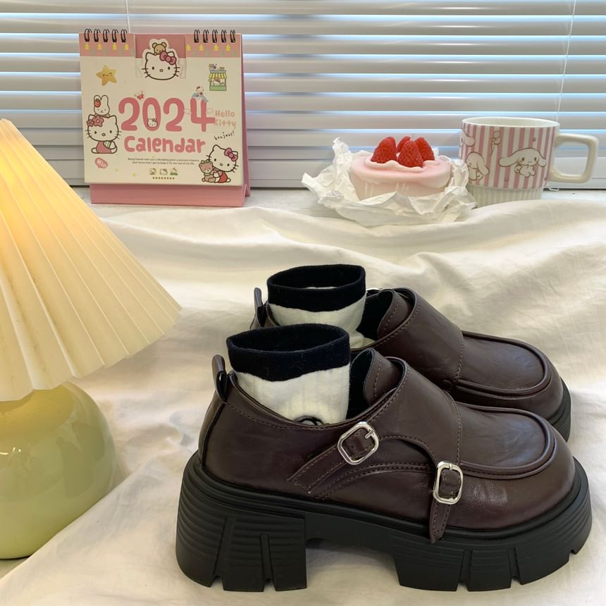 Faux Leather Platform Buckle Strap Loafers