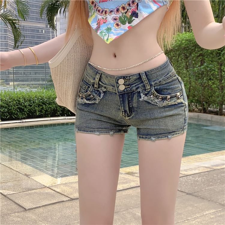 Low Rise Distressed Washed Studded Denim Shorts