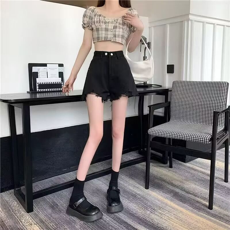 High Waist Plain Frayed Distressed Denim Wide Leg Shorts