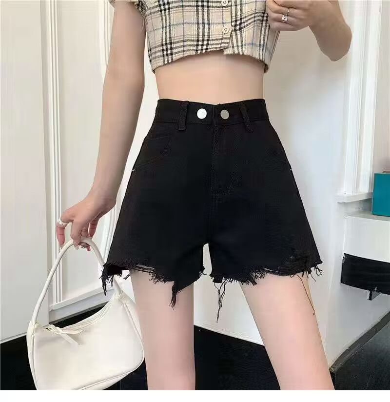 High Waist Plain Frayed Distressed Denim Wide Leg Shorts