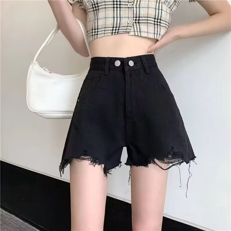 High Waist Plain Frayed Distressed Denim Wide Leg Shorts