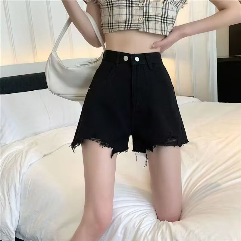 High Waist Plain Frayed Distressed Denim Wide Leg Shorts