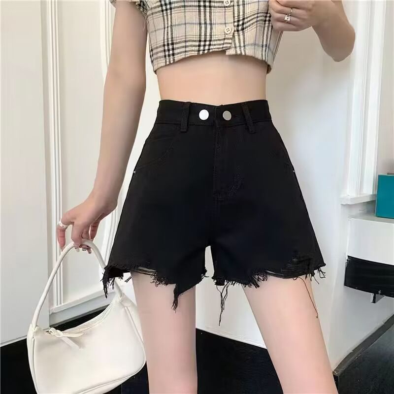 High Waist Plain Frayed Distressed Denim Wide Leg Shorts