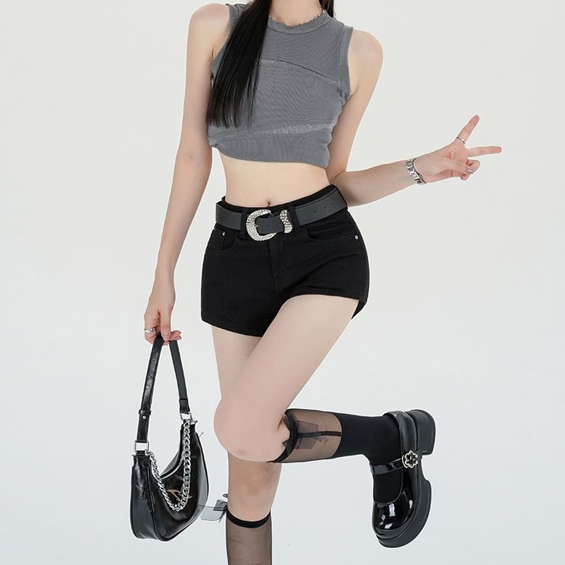 Set: Mid Rise Plain Denim Hot Pants + Belt