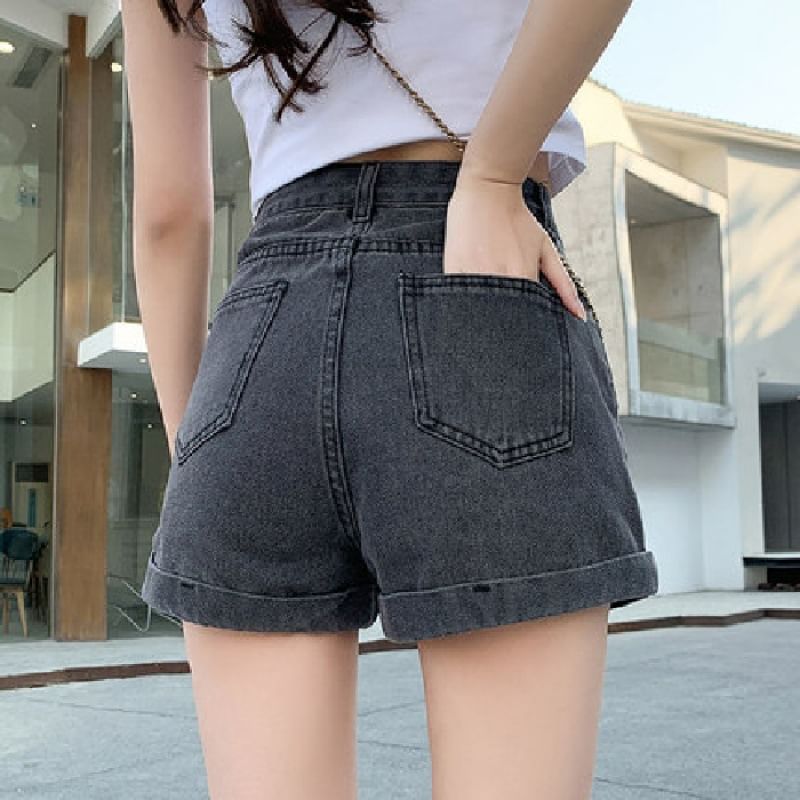High Waist Washed Roll Up Hem Denim Wide Leg Shorts