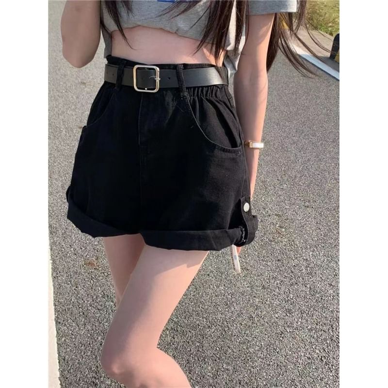 High Waist Plain Denim Wide Leg Shorts