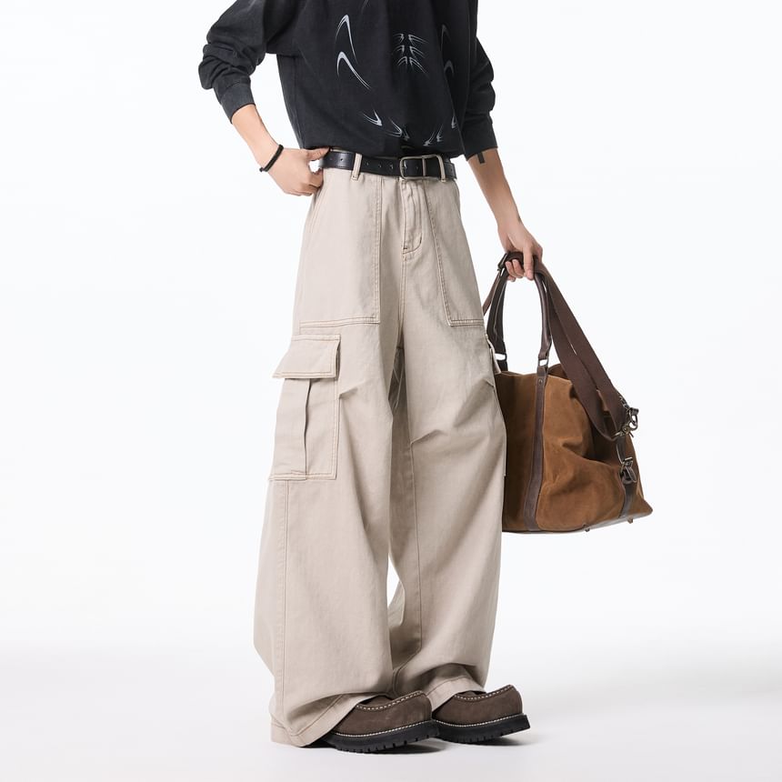 Mid Waist Plain Wide Leg Cargo Pants