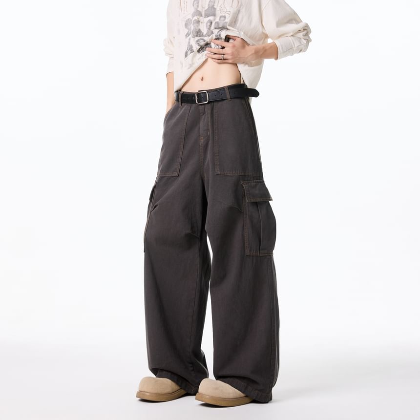 Mid Waist Plain Wide Leg Cargo Pants