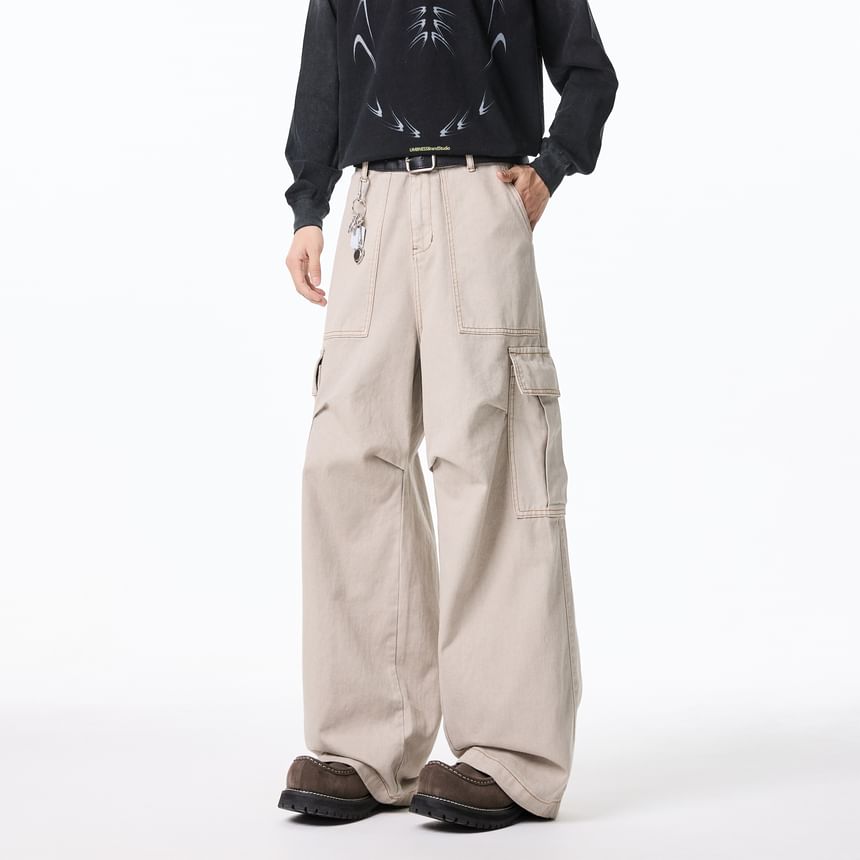 Mid Waist Plain Wide Leg Cargo Pants