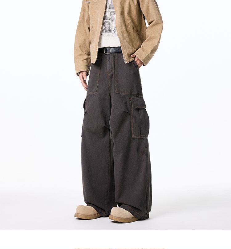 Mid Waist Plain Wide Leg Cargo Pants