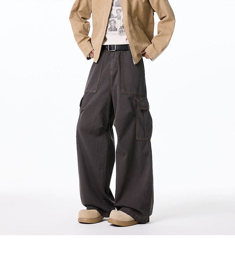 Mid Waist Plain Wide Leg Cargo Pants