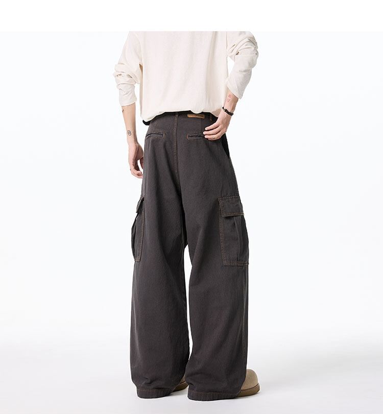 Mid Waist Plain Wide Leg Cargo Pants