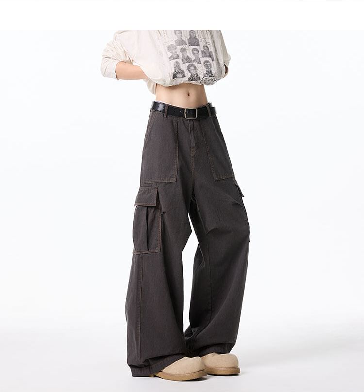 Mid Waist Plain Wide Leg Cargo Pants
