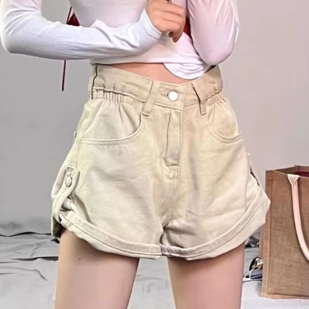 High Waist Plain Denim Wide Leg Shorts