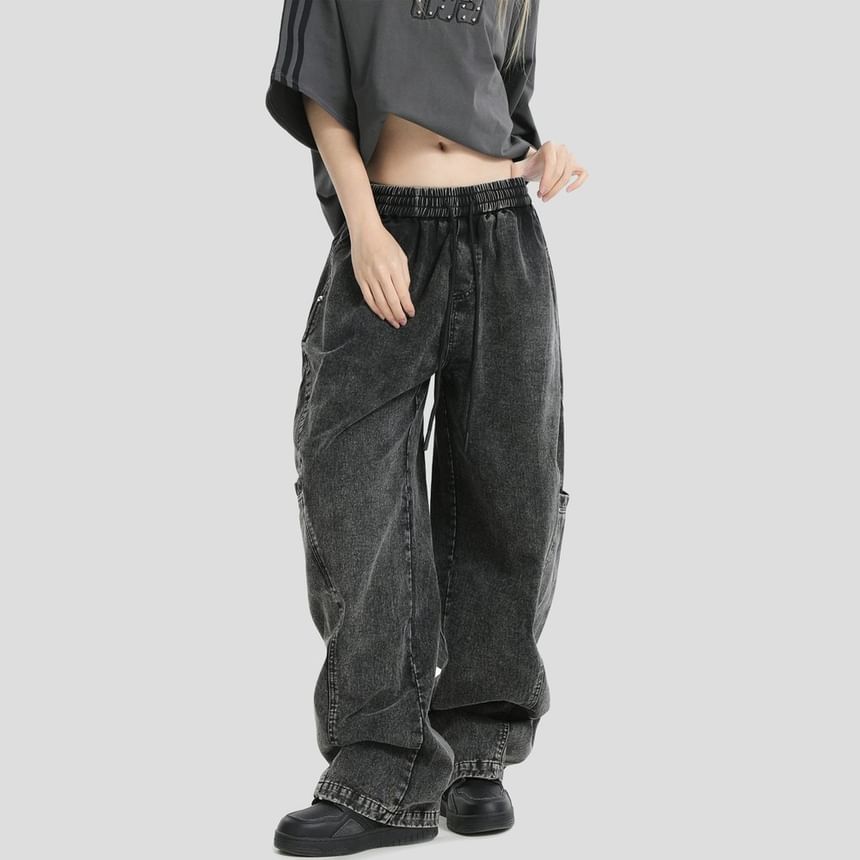 Drawstring Waist Washed Baggy Cargo Pants