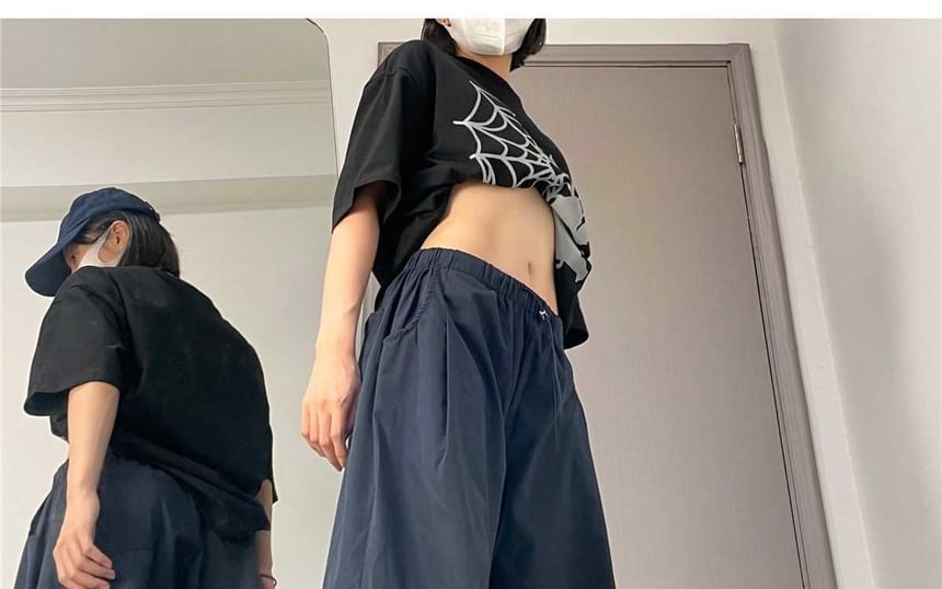 Drawstring Waist Plain Cargo Baggy Pants