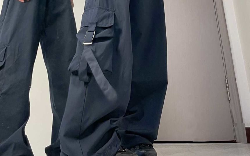 Drawstring Waist Plain Cargo Baggy Pants