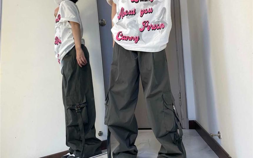 Drawstring Waist Plain Cargo Baggy Pants