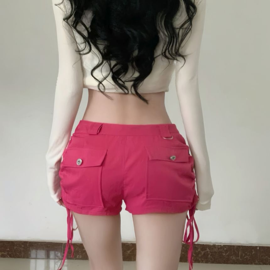 Low Rise Plain Drawstring Denim Hot Pants