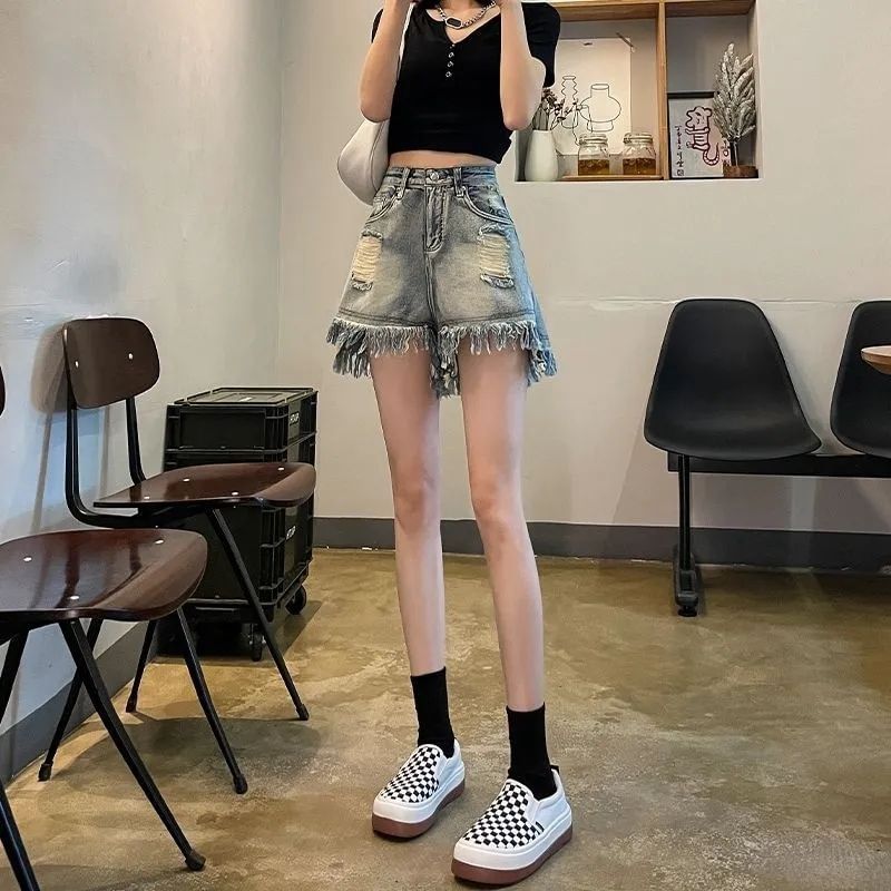 High Waist Washed Distressed Tassel Trim Denim Shorts
