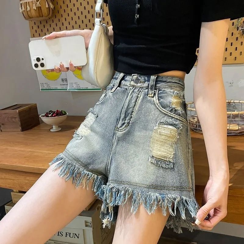 High Waist Washed Distressed Tassel Trim Denim Shorts