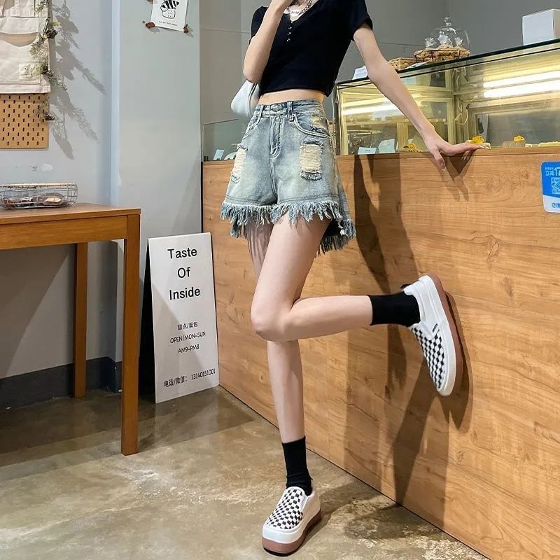 High Waist Washed Distressed Tassel Trim Denim Shorts
