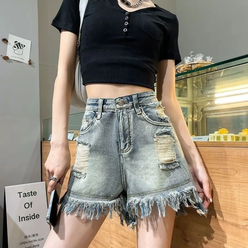 High Waist Washed Distressed Tassel Trim Denim Shorts