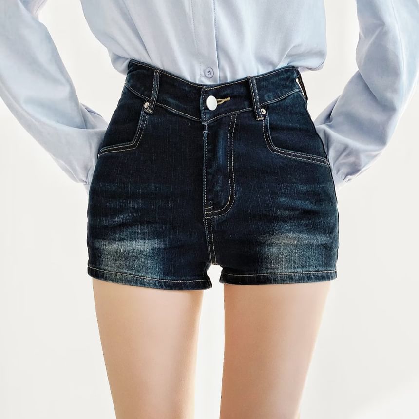 High Waist Washed Denim Hot Pants