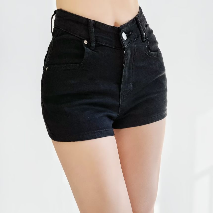 High Waist Washed Denim Hot Pants