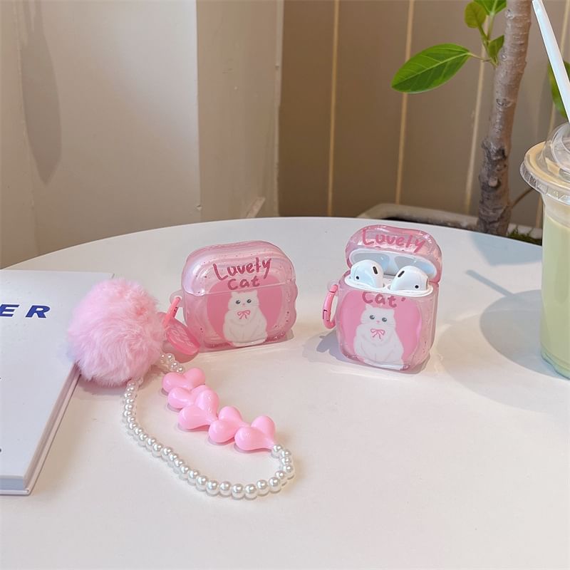 Cat AirPods / Pro Earphone Case Skin / Pom Pom Strap / Set