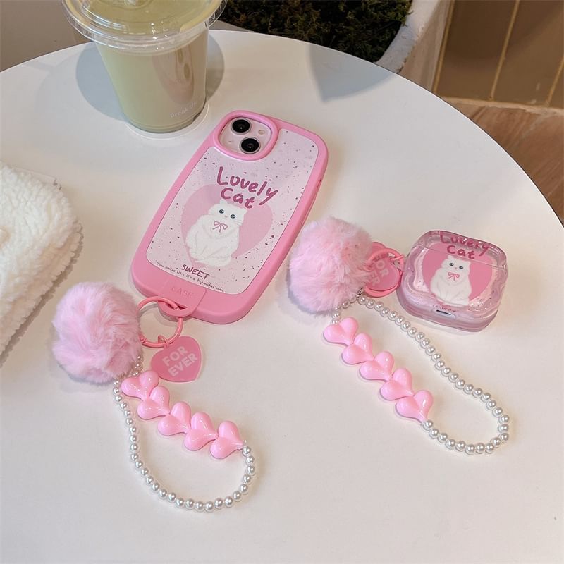 Cat AirPods / Pro Earphone Case Skin / Pom Pom Strap / Set