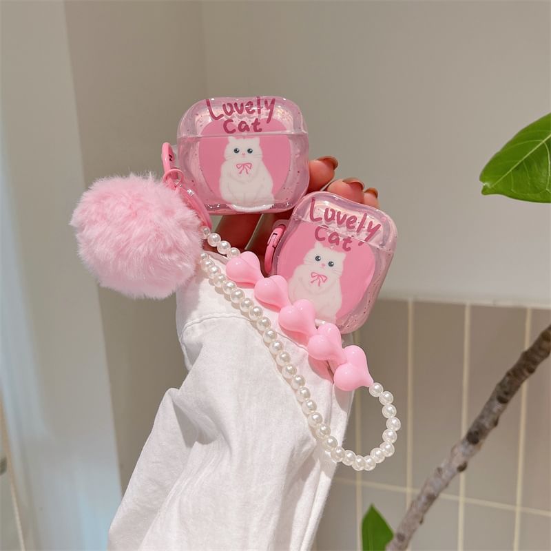 Cat AirPods / Pro Earphone Case Skin / Pom Pom Strap / Set