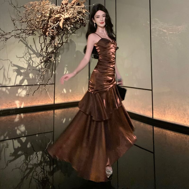 Thin Strap Solid Frill Gathered Maxi A-Line Dress