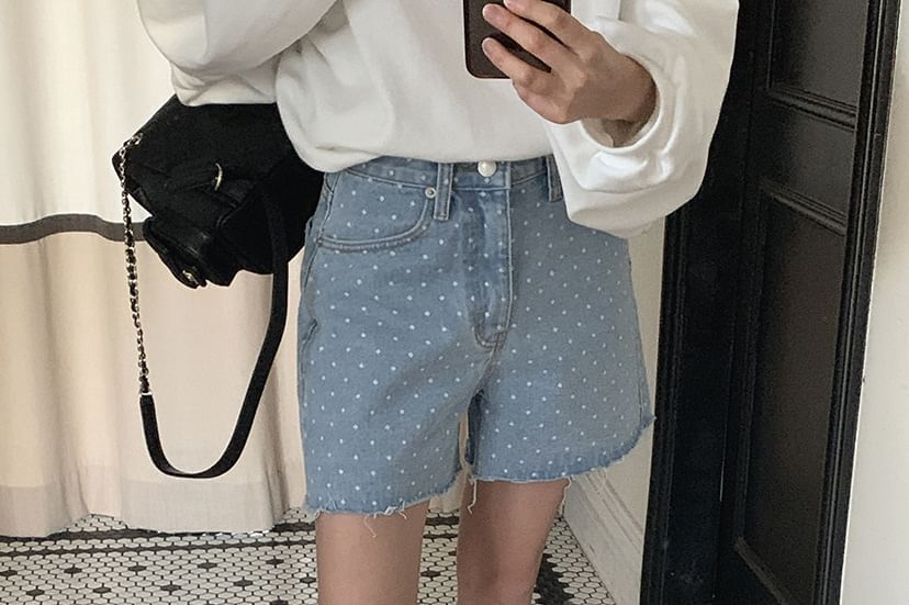 High Waist Dotted Fray Denim Shorts