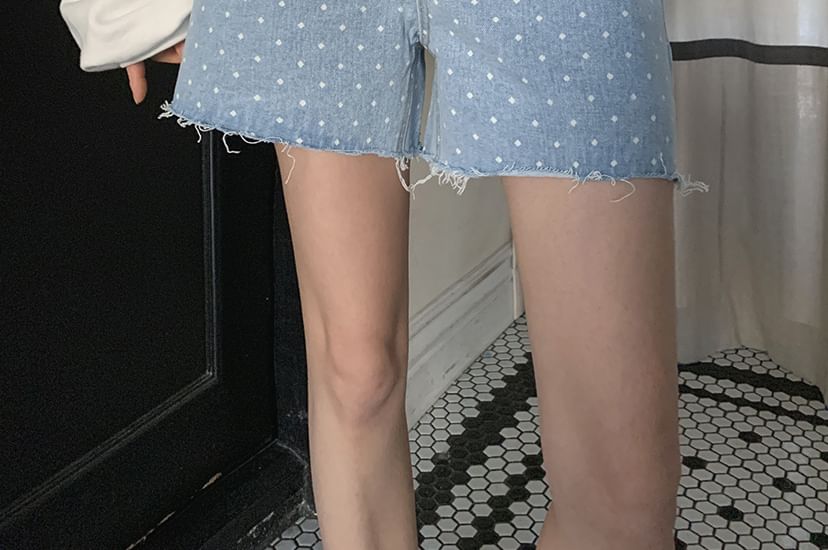High Waist Dotted Fray Denim Shorts