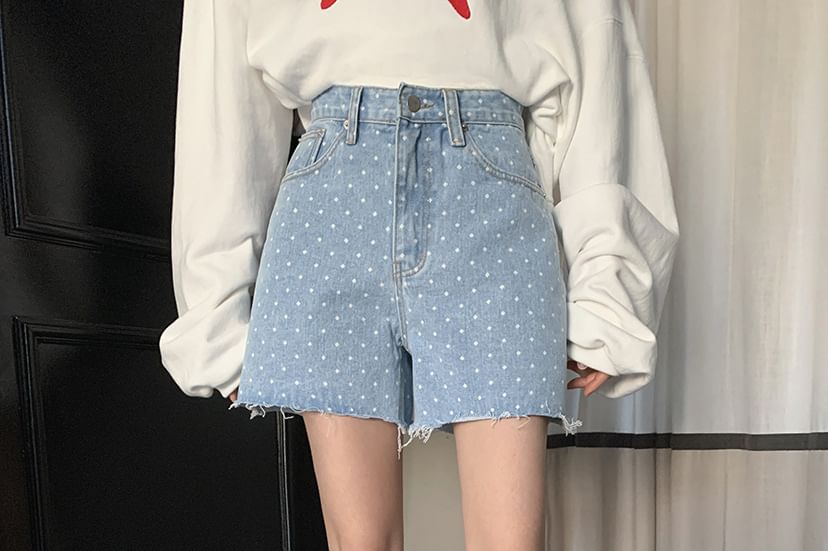 High Waist Dotted Fray Denim Shorts
