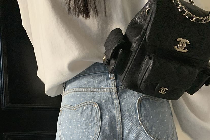 High Waist Dotted Fray Denim Shorts