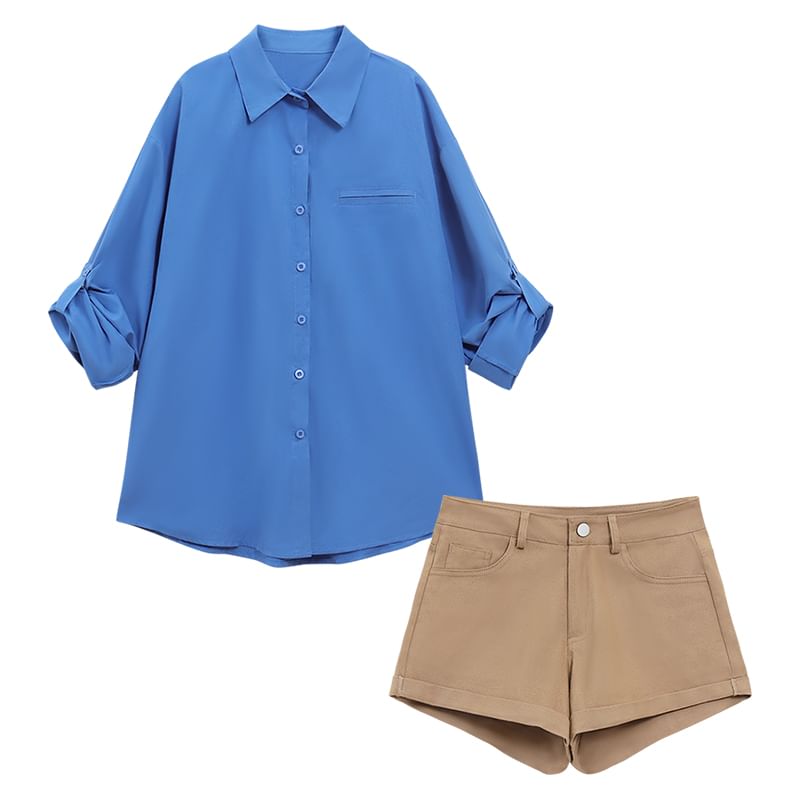 Long-Sleeve Plain Oversized Shirt / Mid Rise Roll Up Hem Denim Shorts