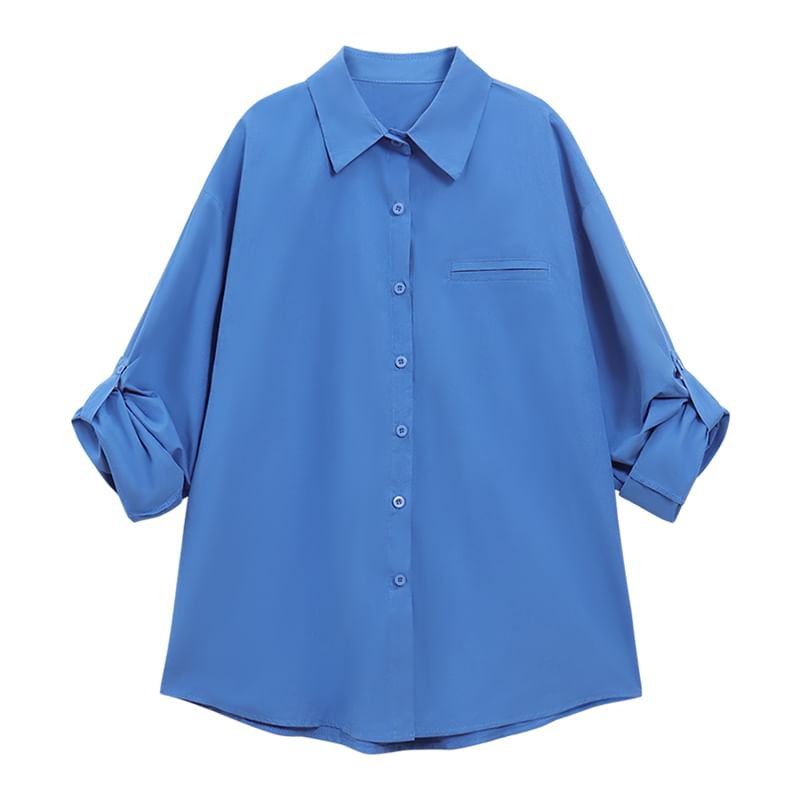 Long-Sleeve Plain Oversized Shirt / Mid Rise Roll Up Hem Denim Shorts