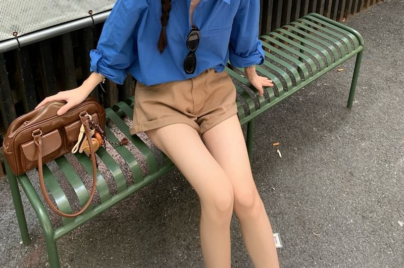 Long-Sleeve Plain Oversized Shirt / Mid Rise Roll Up Hem Denim Shorts