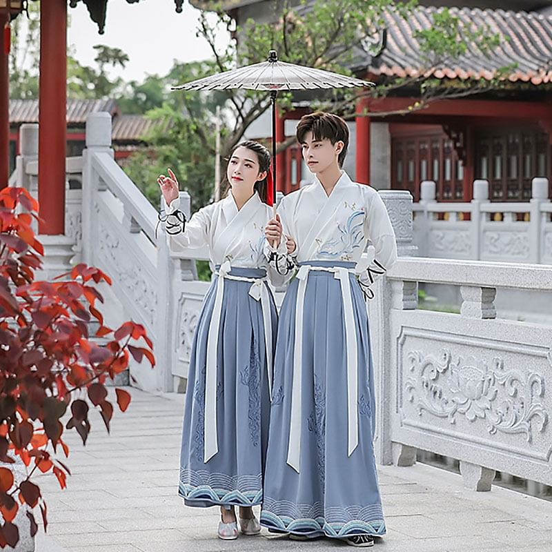 Couple Matching Long-Sleeve Embroidered Hanfu Top / Maxi Skirt / Hanfu Robe / Set