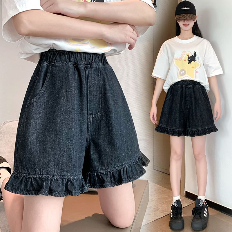 Elastic Waist Ruffle Trim Denim Shorts