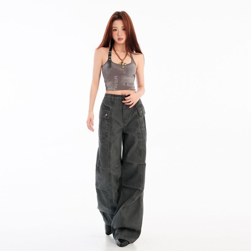 Mid Waist Plain Baggy Cargo Pants (Various Designs)