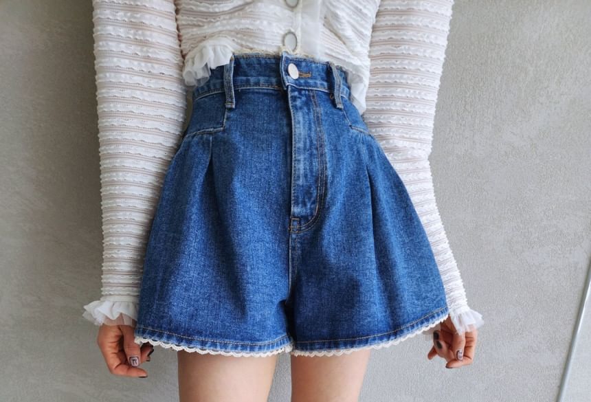 High Waist Lace Trim Denim Shorts